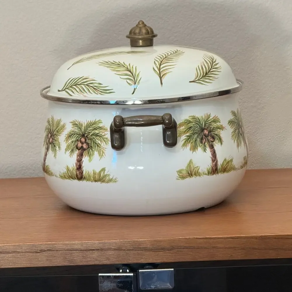 Tabletops Unlimited Palm Grove 8 Qt Enamel Stockpot Dutch Oven Palm Trees Lid